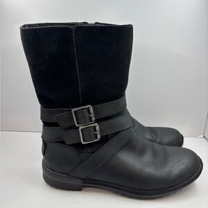 UGG Black Mid-Calf Buckle Leather & Suede Boots